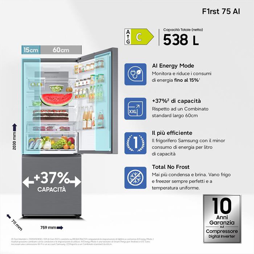 Immagine del prodotto SAMSUNG - Frigorifero combinato RB53DG706CS9EF ClasseC 538lt-Metal Inox