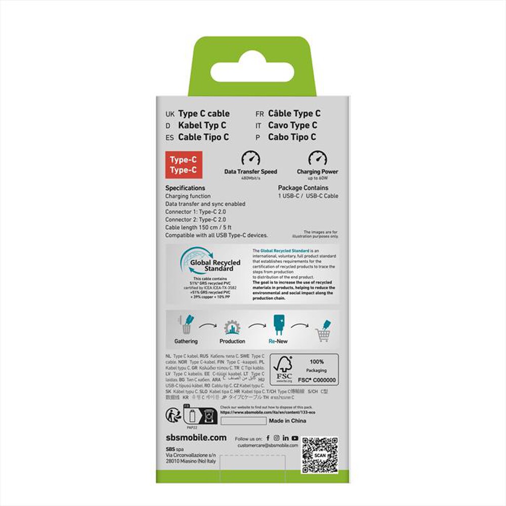 Immagine del prodotto SBS - Cavo type-C to Type-C TECABLETCC6015LGGRS-Verde chiaro