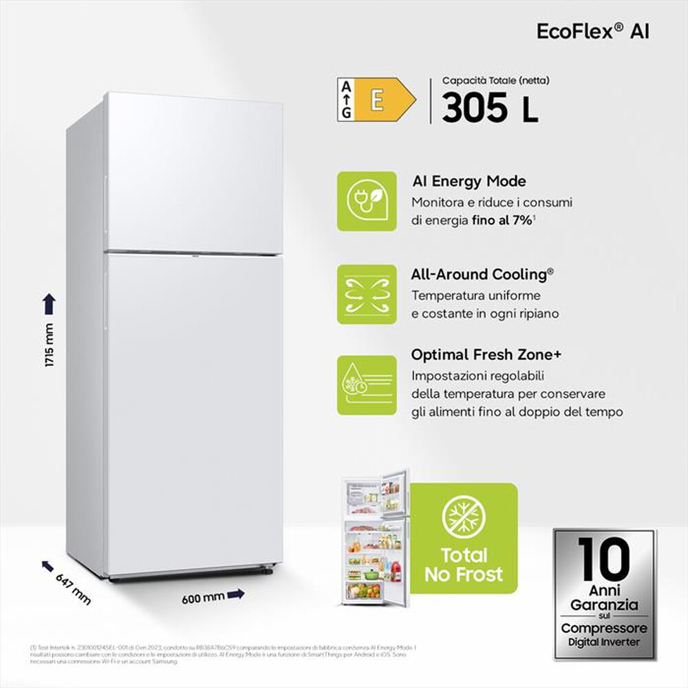 Immagine del prodotto SAMSUNG - Frigorifero 2 porte RT31CG5624WWES Classe E 305lt-Bianco