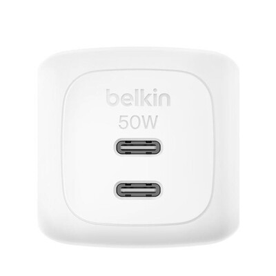 BELKIN - Doppio caricabatteria da parete GAN USB-C da 50 W-Bianco