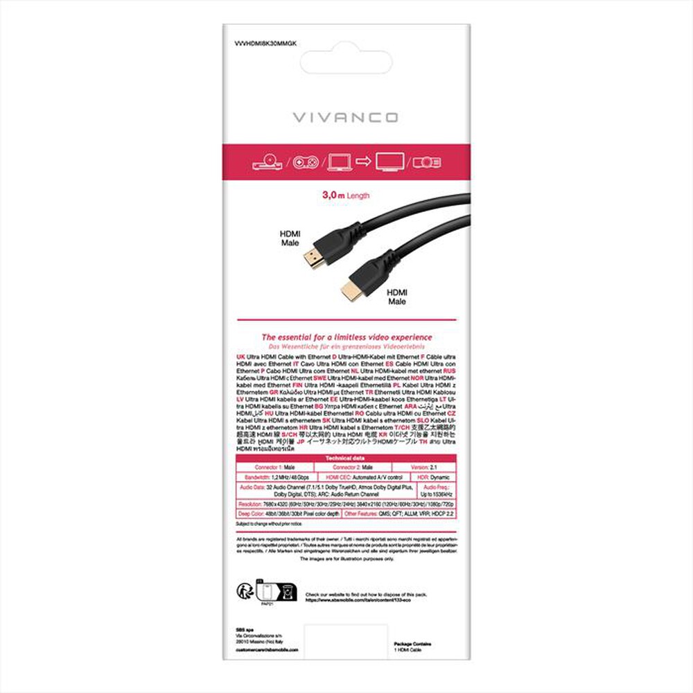 Immagine del prodotto SBS - Ultra HDMI 2.1 cavo with ethernet certified,-Nero