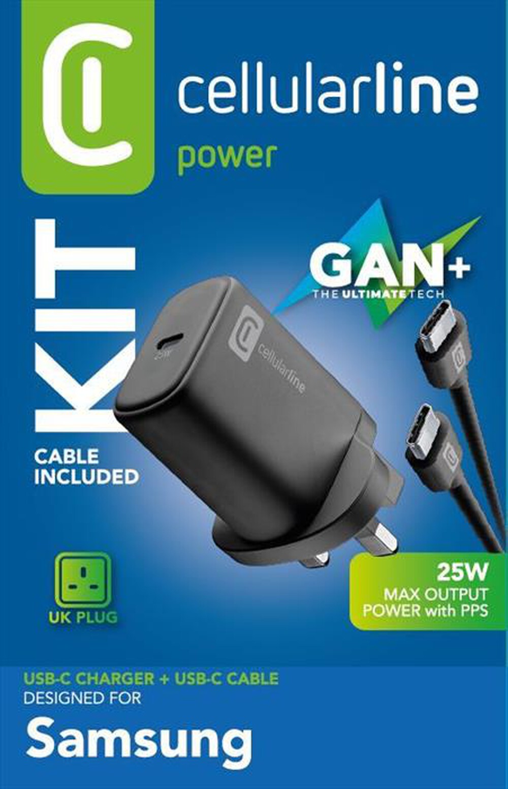 Immagine del prodotto CELLULARLINE - KIT CARICABATTERIE DA RETE PER SAMSUNG 25W UK PLUG-Nero