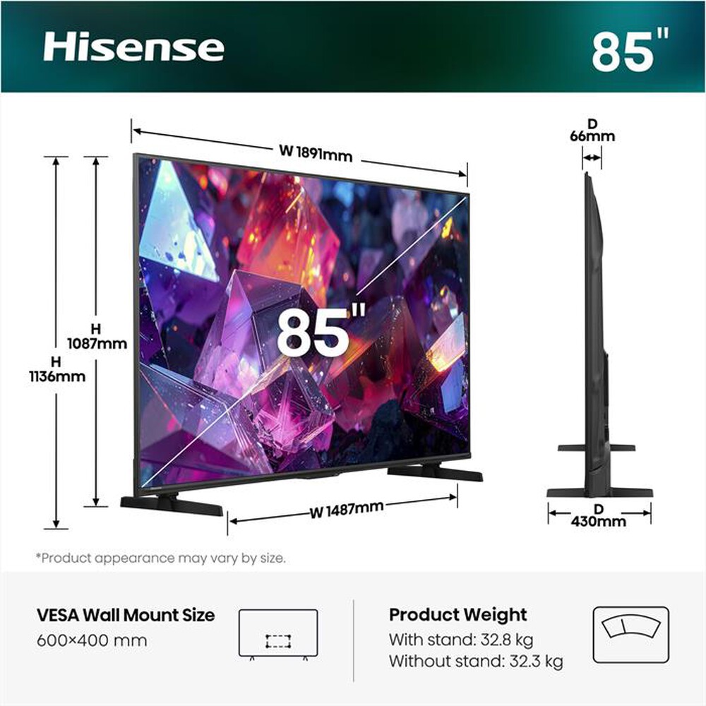 Immagine del prodotto HISENSE - Smart TV QLED 85" 4K 85E79S PRO-NERO