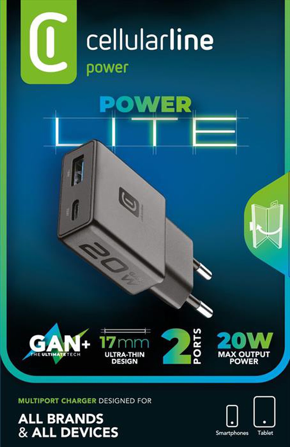 Immagine del prodotto CELLULARLINE - CHARGER POWER LITE 20W SLIM DUAL A+C-Nero