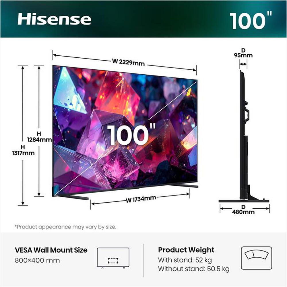 Immagine del prodotto HISENSE - Smart TV 100" QLED 4K 100E7S PRO 144Hz-NERO