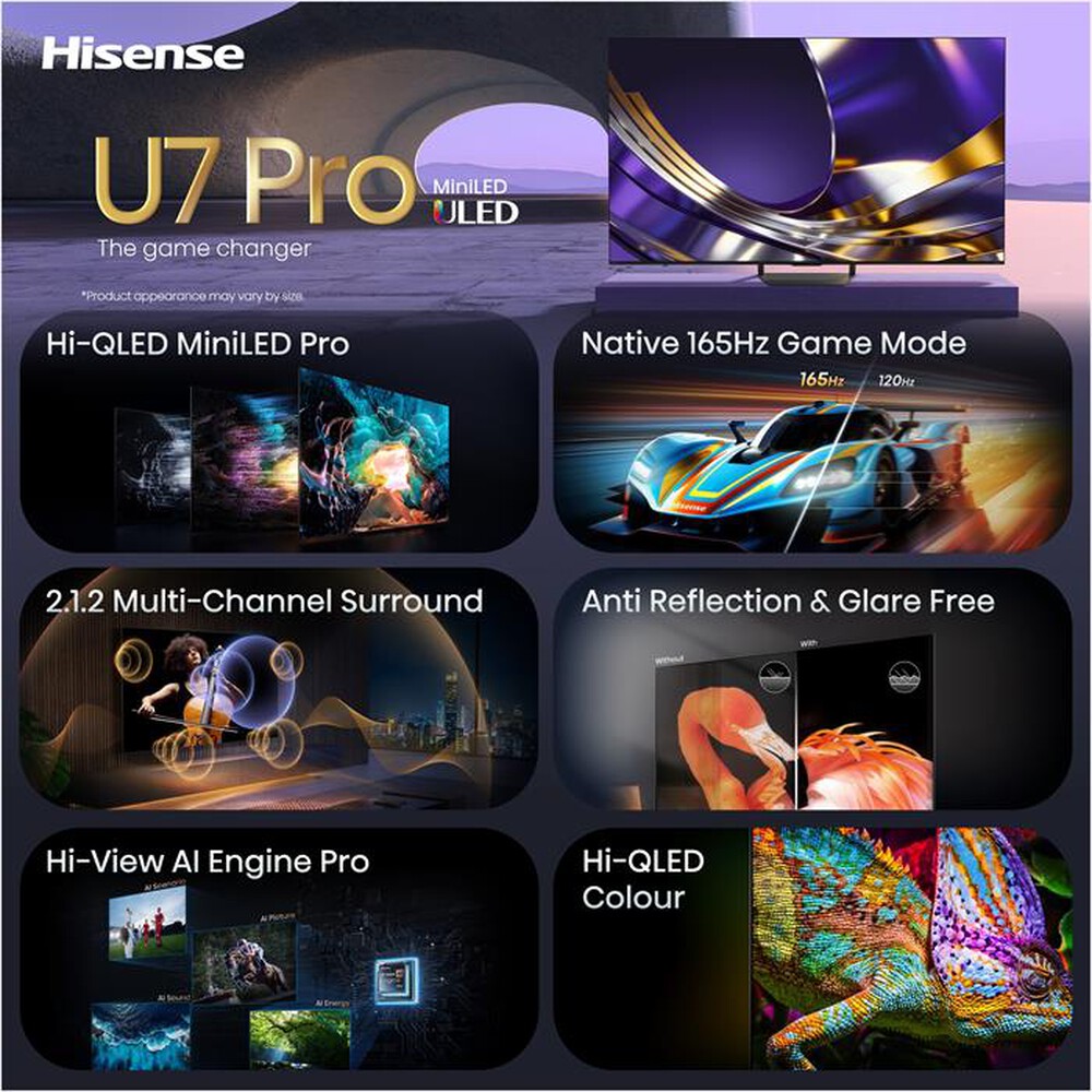 Immagine del prodotto HISENSE - Smart TV 55" Mini LED 4K 55U7S PRO 165Hz-NERO
