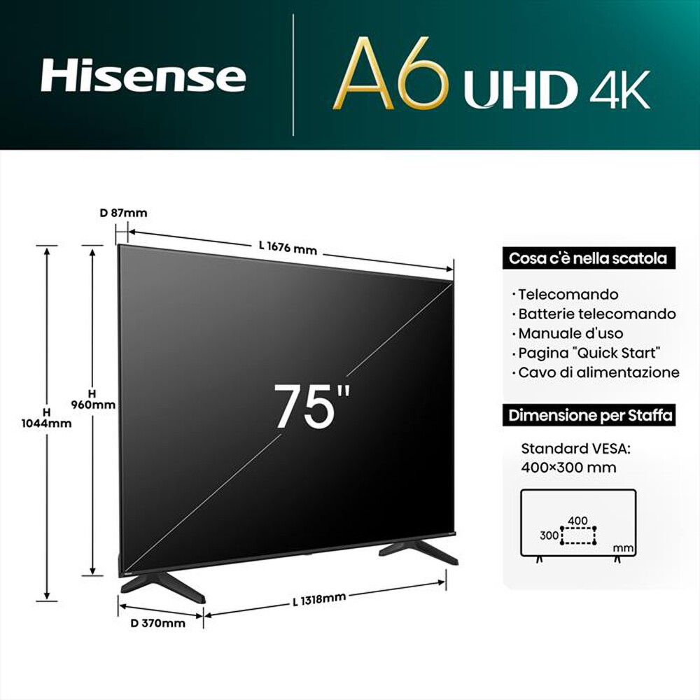 Immagine del prodotto HISENSE - Smart TV LED UHD 4K 75" 75A69N-NERO