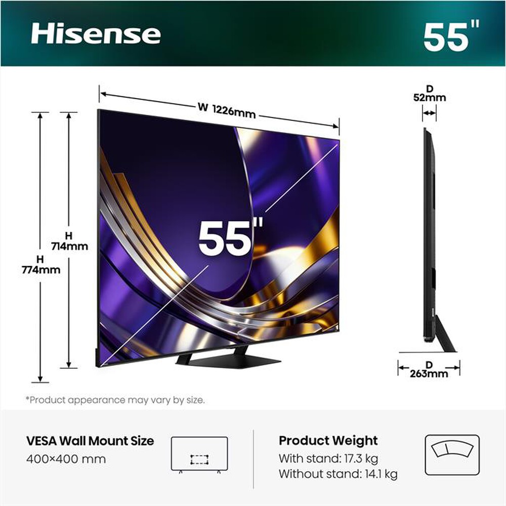 Immagine del prodotto HISENSE - Smart TV 55" Mini LED 4K 55U7S PRO 165Hz-NERO