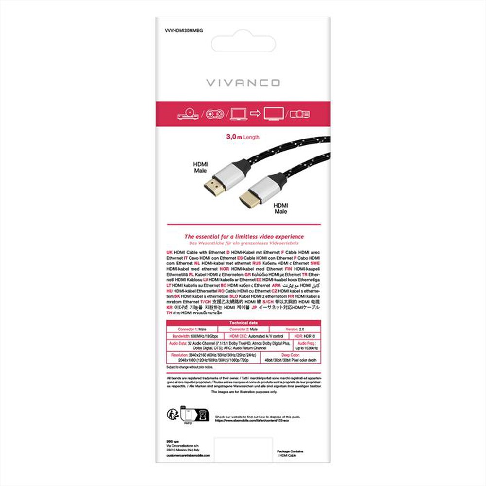 Immagine del prodotto SBS - Highspeed HDMI cabel with Ethernet 3,0 m-Nero