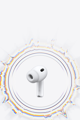 Auricolare AirPod Pro 3 wireless con cuscinetto circondato da un’onda sonora