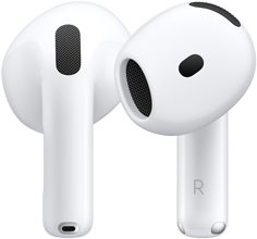 Un paio di AirPods; l’auricolare sinistro è visto da dietro, l’auricolare destro è visto di fronte e ha la lettera R sullo stelo, per indicare che va nell’orecchio destro