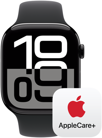 Un logo di AppleCare Plus accanto a un Apple Watch Series 10.