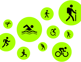 Icone dell’app Allenamento, figure stilizzate animate che corrono, camminano, nuotano, usano una sedia a rotelle, fanno trekking, vanno in bici, fanno degli affondi, ballano, fanno stretching e yoga
