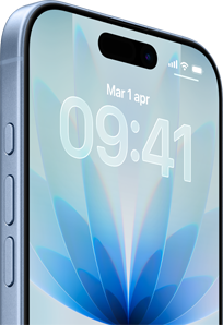 iPhone 17 azzurro nebbia mostrato di fronte, Dynamic Island al centro, tasto Azione, tasti del volume