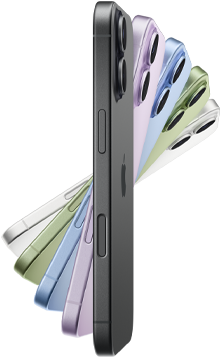 iPhone 17 mostrato di lato, cinque colori: nero, lavanda, azzurro nebbia, salvia e bianco