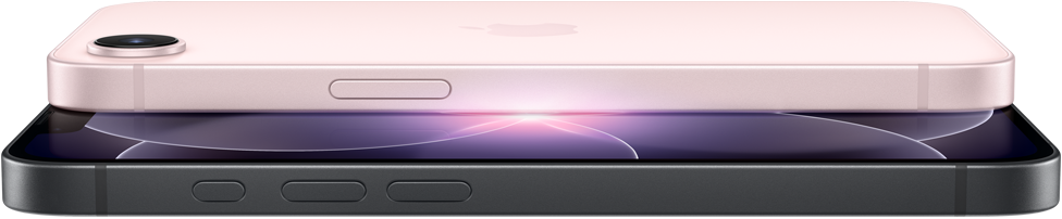 iPhone 17e rosa chiaro, in orizzontale, mostrato da dietro; iPhone 17e nero, in orizzontale, mostrato di fronte