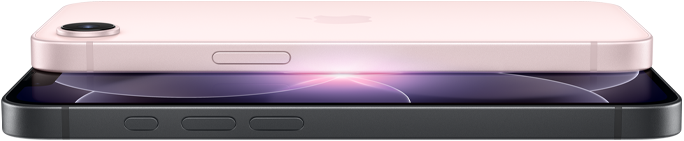 iPhone 17e rosa chiaro, in orizzontale, mostrato da dietro; iPhone 17e nero, in orizzontale, mostrato di fronte